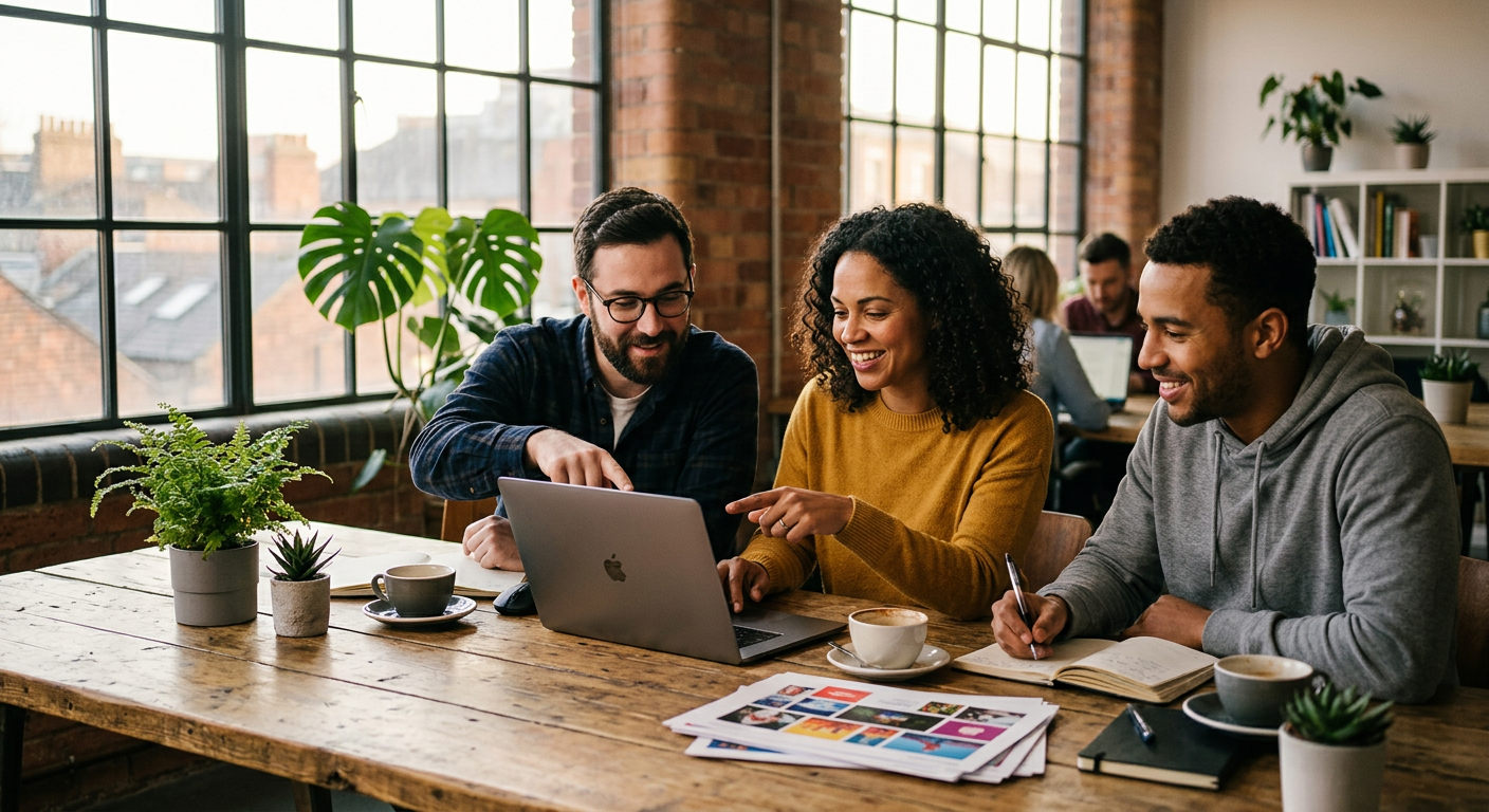 A small marketing agency team collaborating around a laptop in a bright loft office.