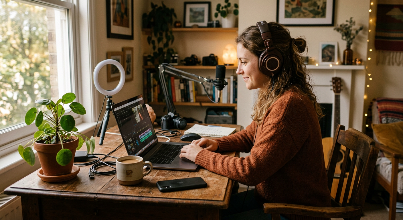 A solo creator editing video in her cozy home studio, softly lit by a window.