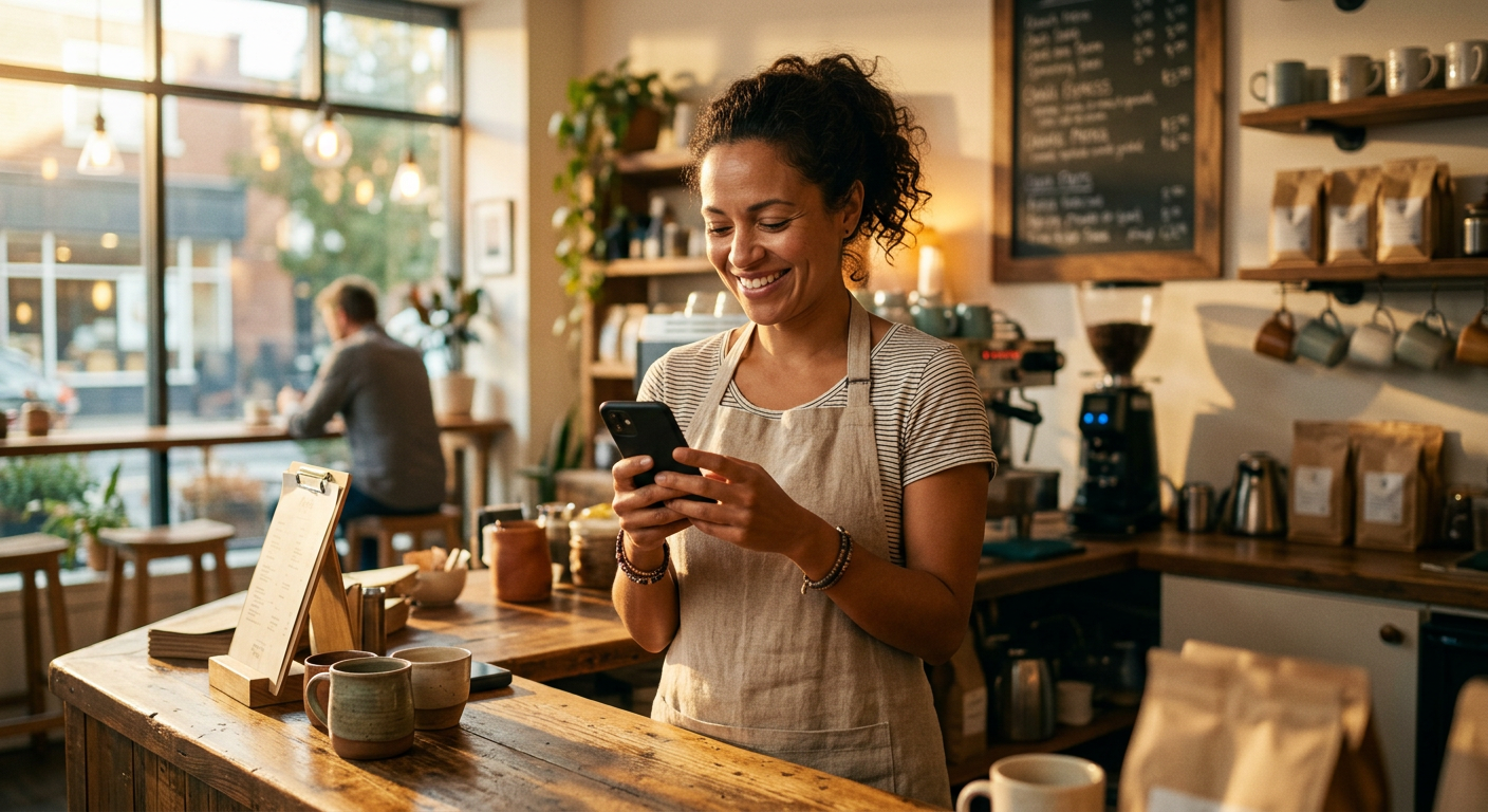 A local coffee shop owner reviews a social post on her phone in warm afternoon light.