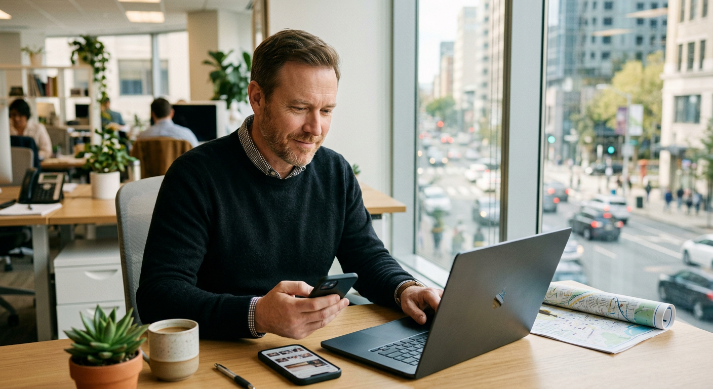 A regional operations manager coordinating content across a laptop and a phone.