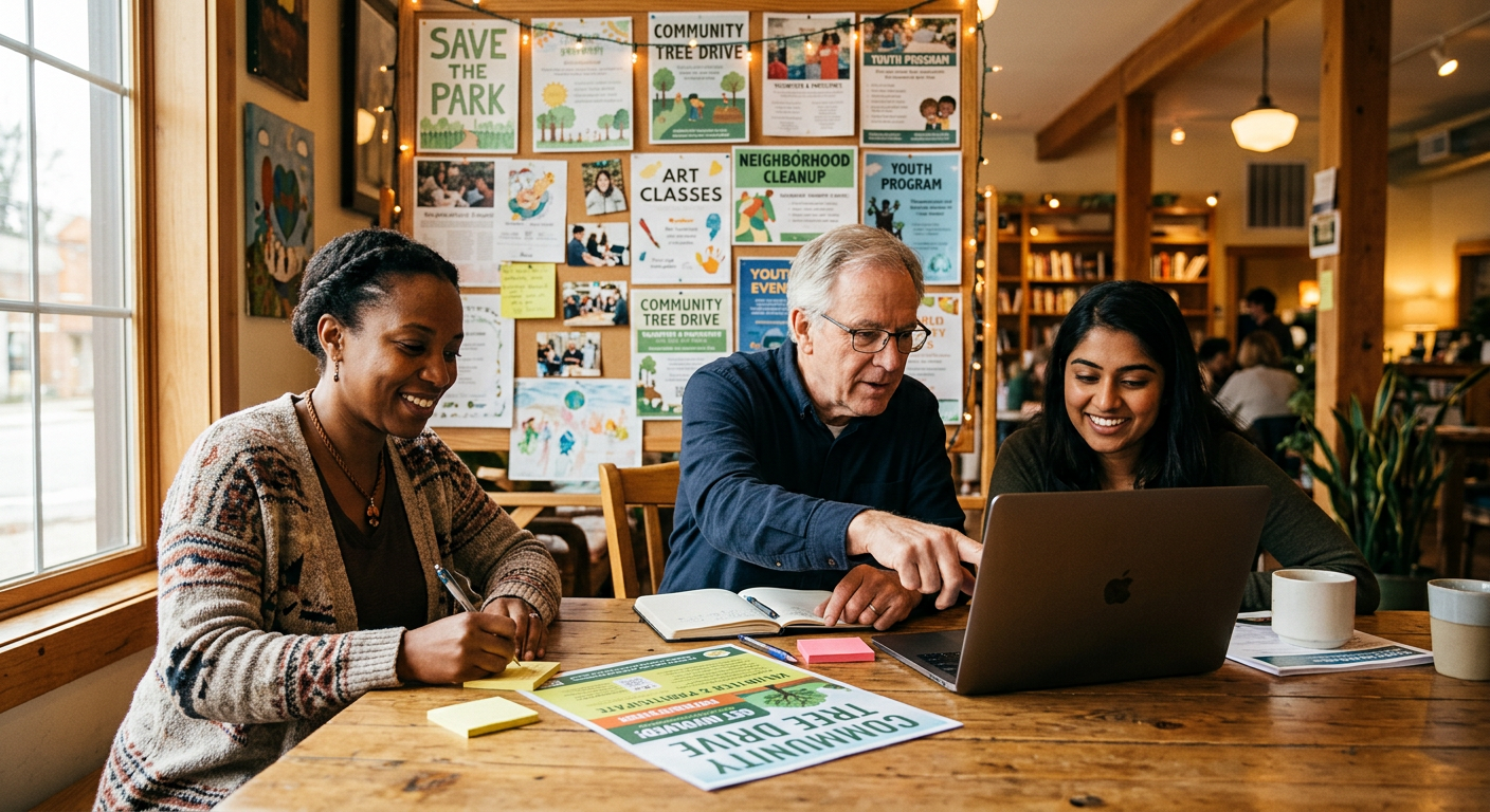 Nonprofit volunteers planning outreach content together in a community space.