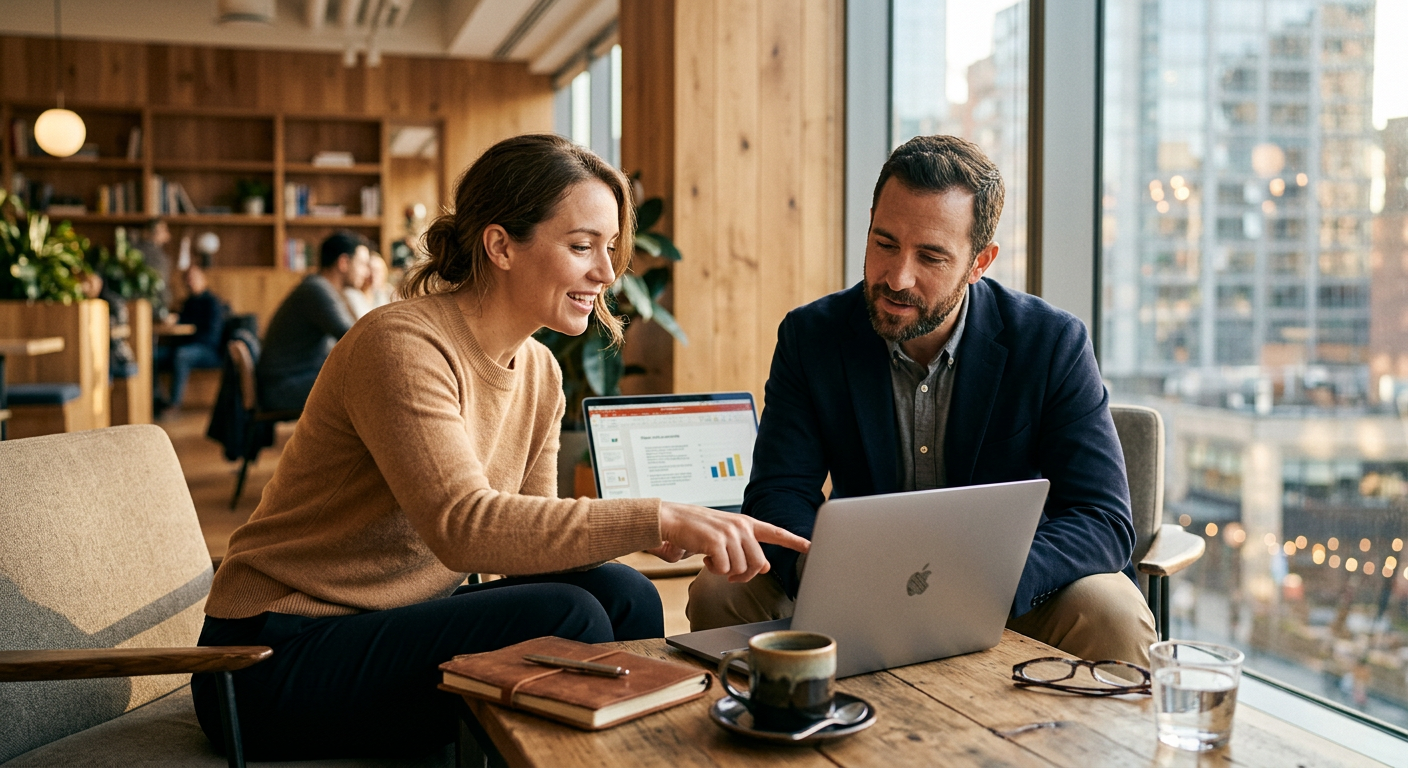Two professional-services colleagues reviewing content together in a warm modern office.
