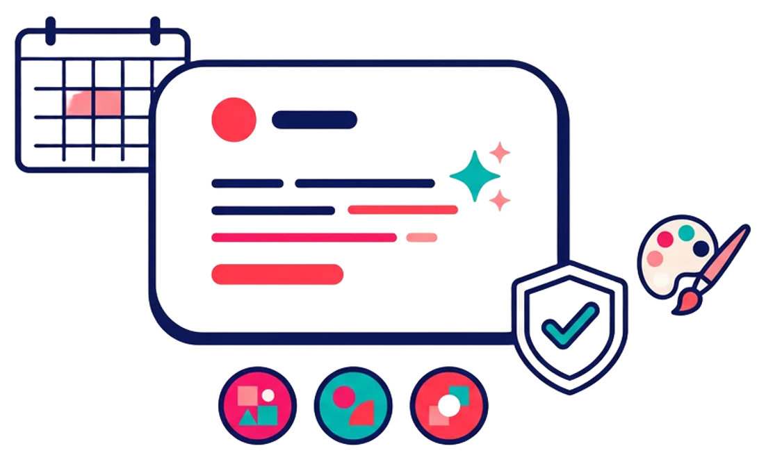 Illustration of a social content workspace with a caption draft, calendar day, platform badges, brand palette, and approval check, styled in brand colors.