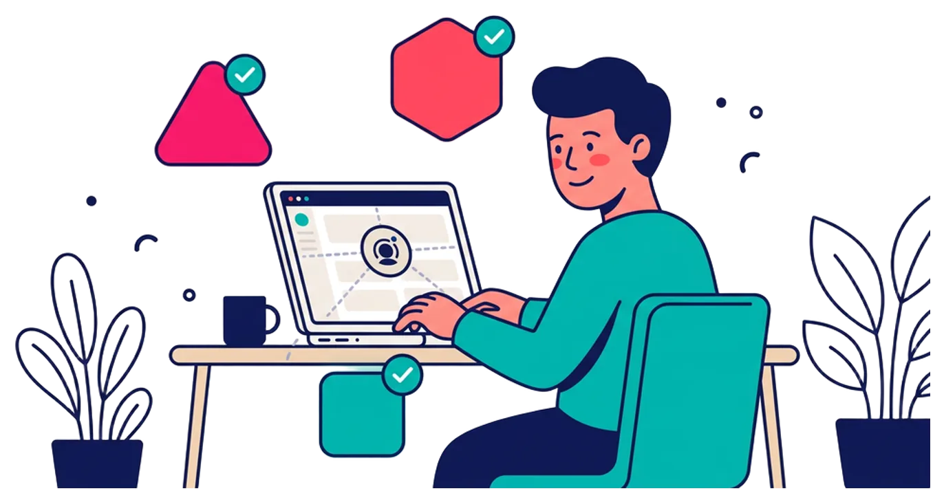 Illustration of connecting social channels to a central content dashboard, styled in brand colors.