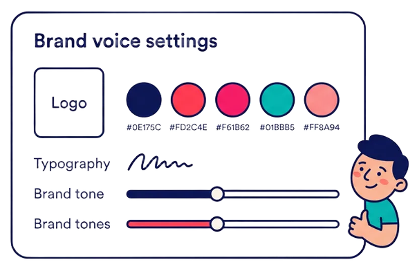 Illustration of a brand voice settings panel with palette and logo placeholder, styled in brand colors.