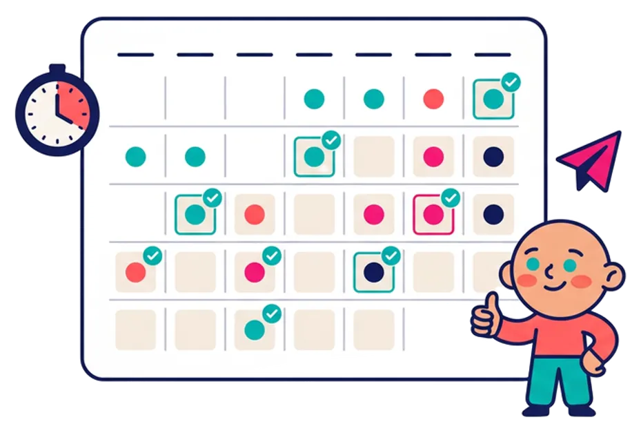 Illustration of a content calendar with scheduled and approved posts, styled in brand colors.